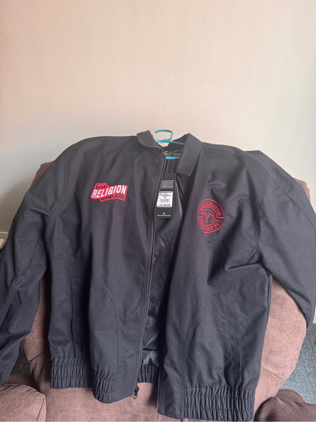 True Religion Black Bomber Jacket With Red Patch Logos